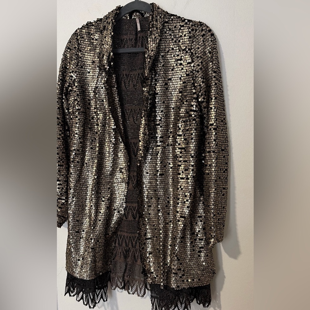Free People Metallic Gold Sequin long Sleeve Jacket Womens SP - Picture 4 of 9